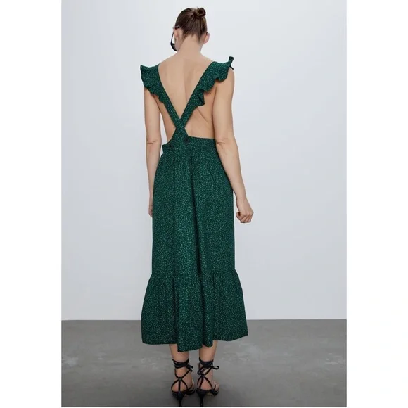 Zara Green Floral Midi Dress Ruffle Strap Square Neck Cottagecore Size S - Picture 7 of 16